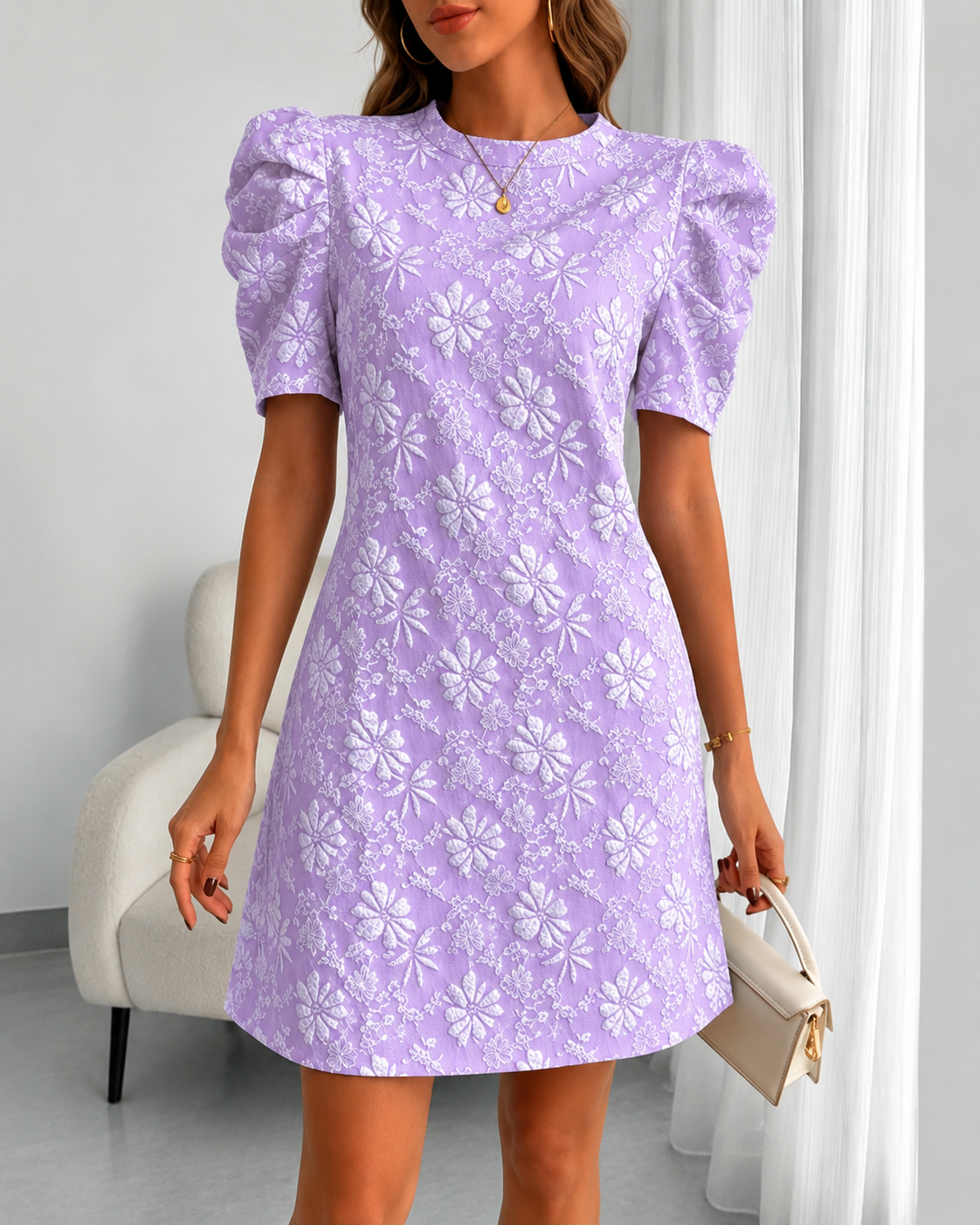 Women's Casual Puff Sleeve Textured Jacquard Dress