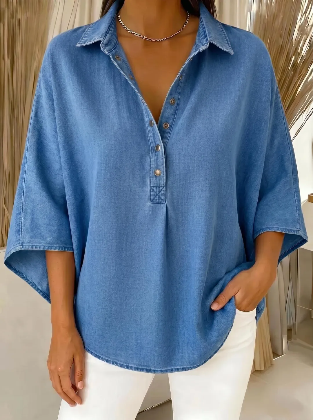 🔥Women's Relaxed Denim-Style Button Detail Top