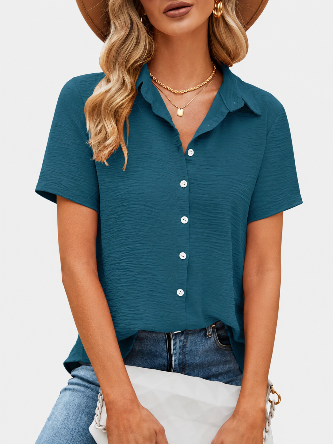 Seasonal Clearance Sale🔥10-PackOnly $29.99   Women’s Textured Short Sleeve Button-Up Shirt