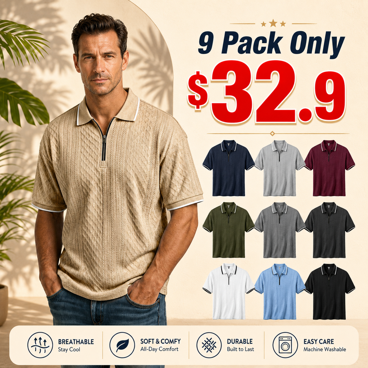 Seasonal Clearance Sale ⚡9 for Just 32.9 Casual Jacquard Textured Collar Zipper Short-Sleeve Polo Shirt
