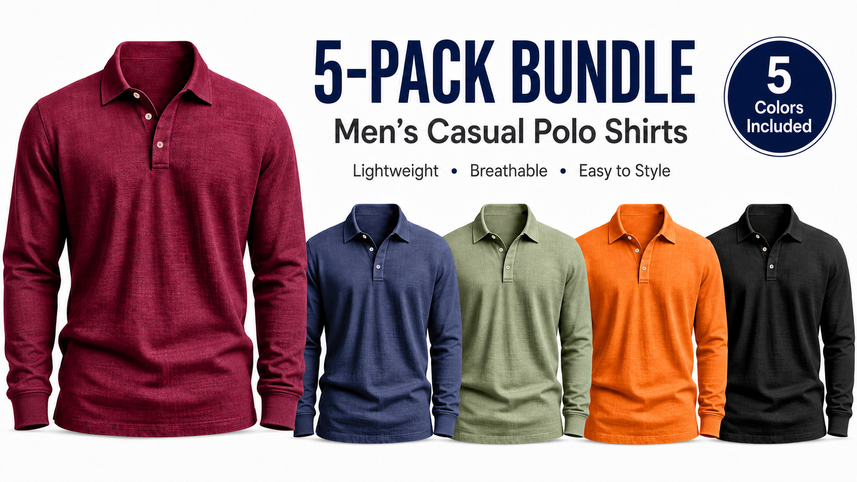 🔥10-Pack Men's Long Sleeve Polo Shirts – Mixed Color Bundle