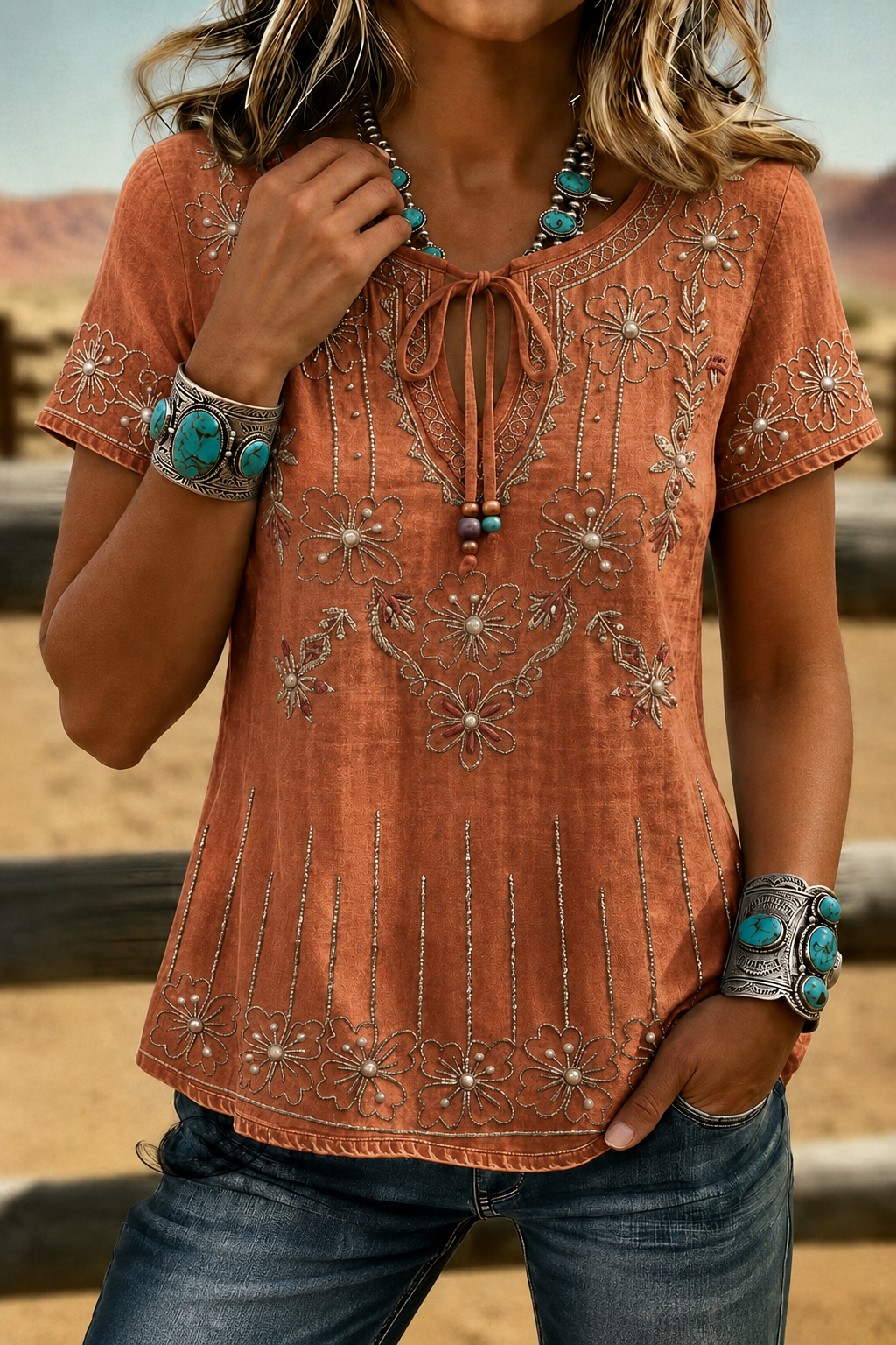 Women’s Floral Embroidered Tie-Neck Short Sleeve Denim-Look Top