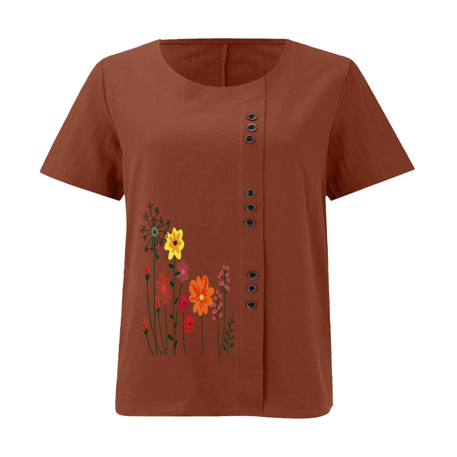 Women’s Floral Print Side Button Top – Casual Elegant Short Sleeve Blouse