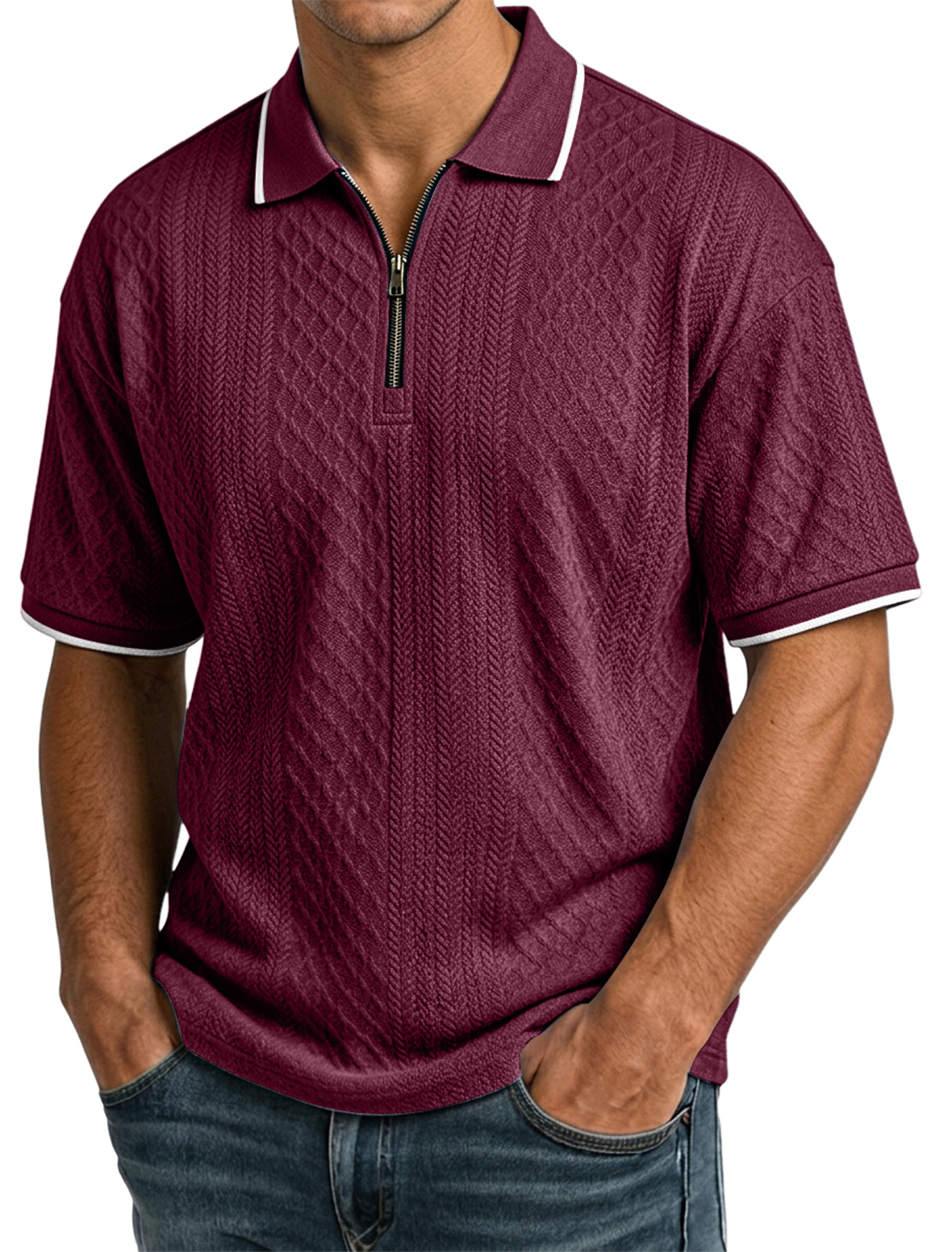 Men's Casual Jacquard Textured Collar Zipper Short-Sleeve Polo Shirt - The Comfortable Polo Men Wear On Repeat