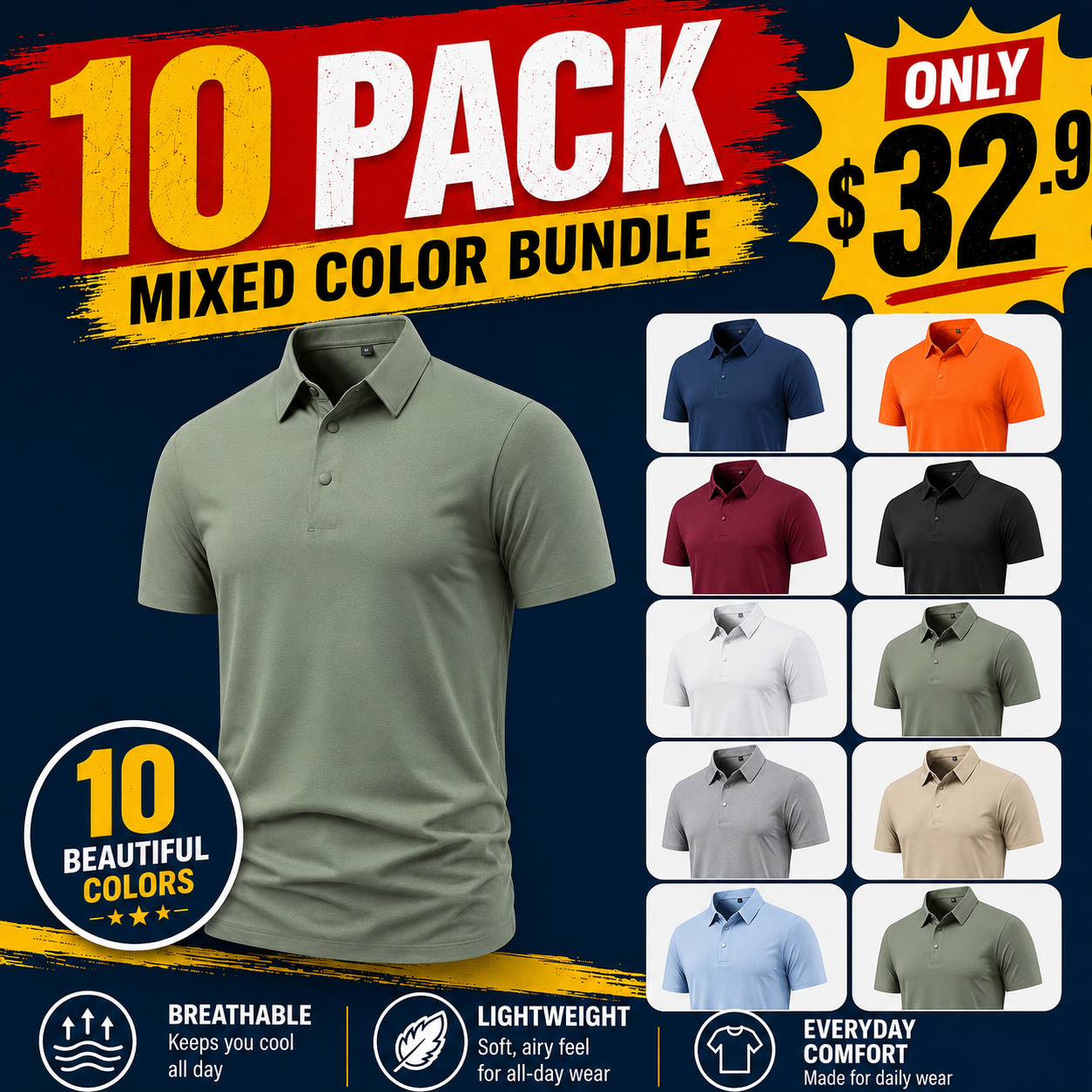 Men’s Solid Color Short Sleeve Polo Shirt – Casual Collared Top – Sizes S–5XL