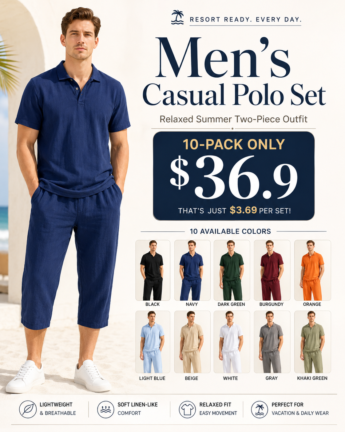 ⏰Seasonal Clearance Sale🔥10-PackOnly $29.99  Men’s Lightweight Polo Shirt & Cropped Pants 2-Piece Set