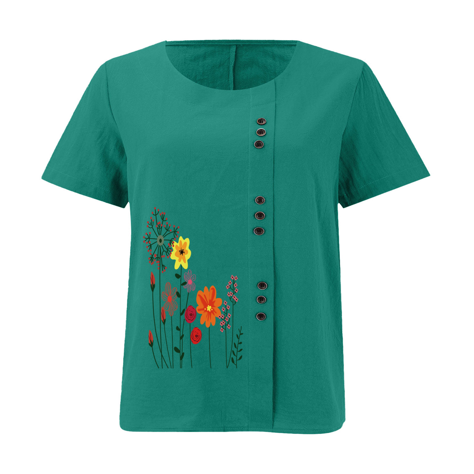 Women’s Floral Print Side Button Top – Casual Elegant Short Sleeve Blouse