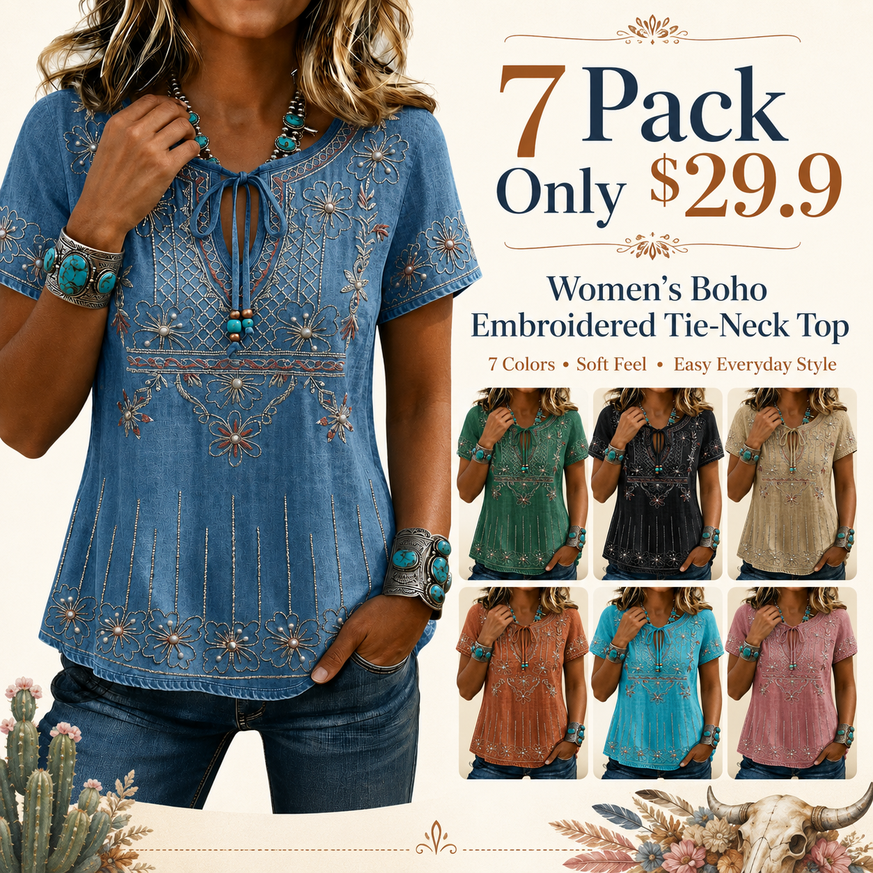 Women’s Floral Embroidered Tie-Neck Short Sleeve Denim-Look Top