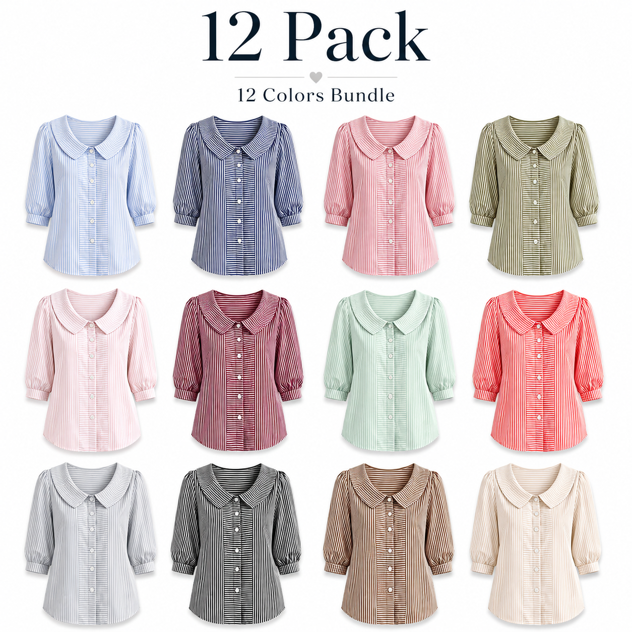 Women’s Peter Pan Collar Striped Button-Up Blouse with Puff Sleeves