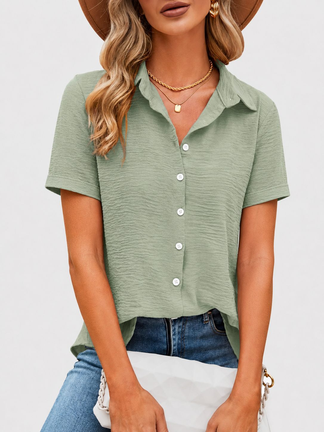 Seasonal Clearance Sale🔥10-PackOnly $29.99   Women’s Textured Short Sleeve Button-Up Shirt