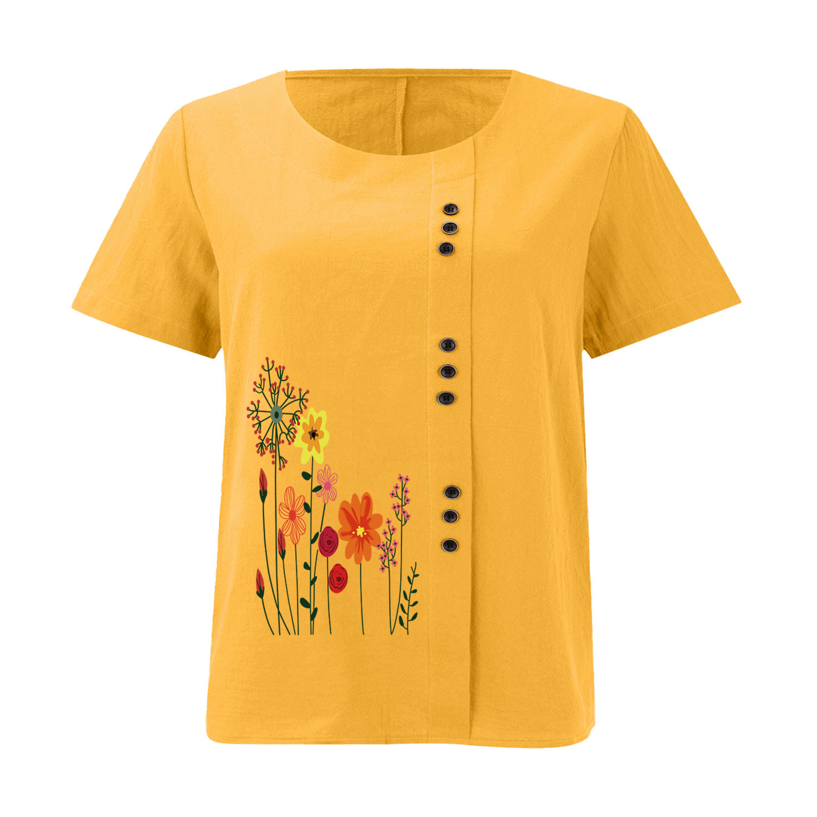Women’s Floral Print Side Button Top – Casual Elegant Short Sleeve Blouse