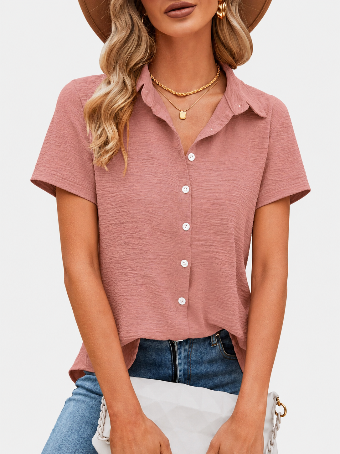 Seasonal Clearance Sale🔥10-PackOnly $29.99   Women’s Textured Short Sleeve Button-Up Shirt