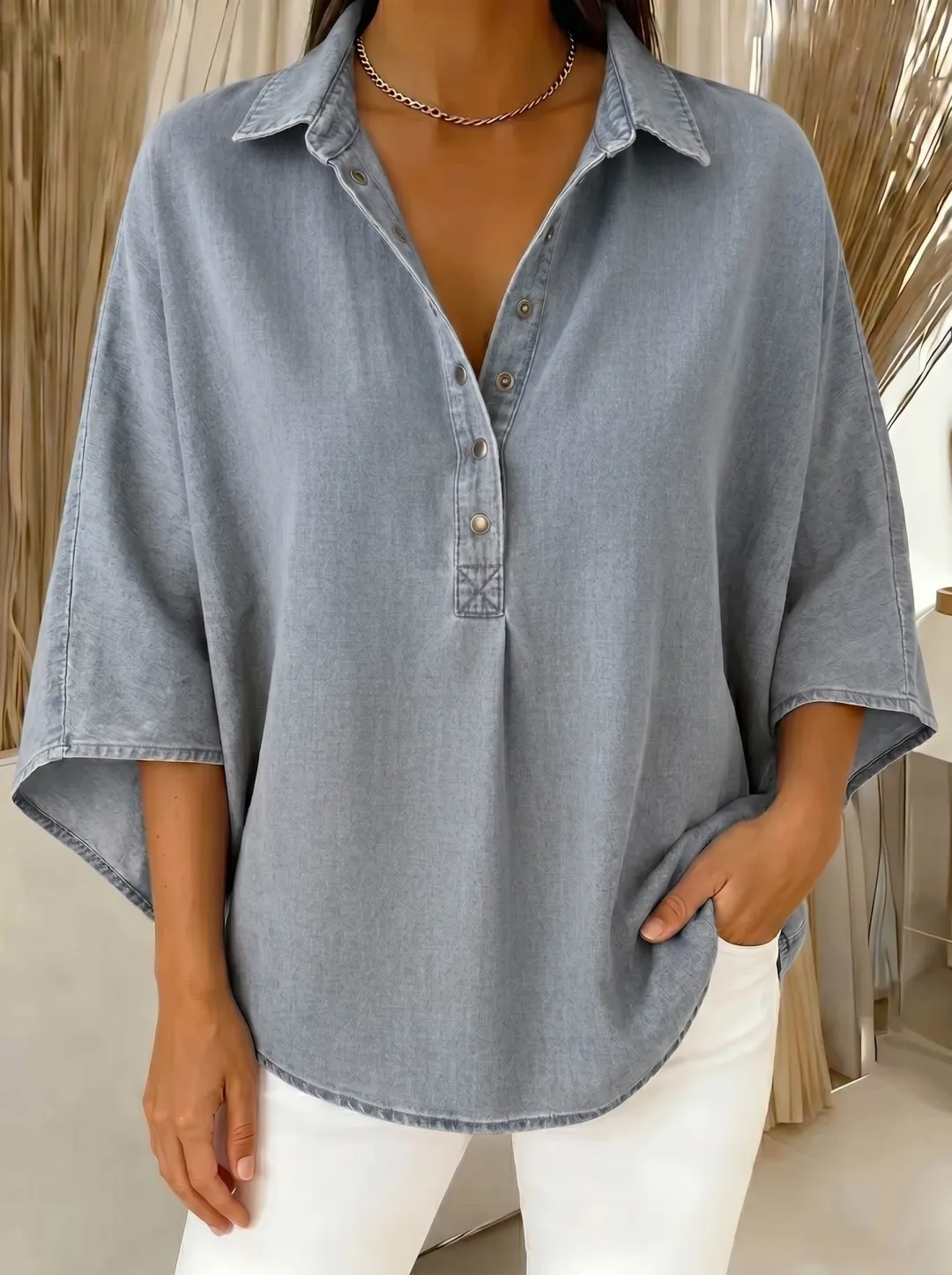 🔥Women's Relaxed Denim-Style Button Detail Top