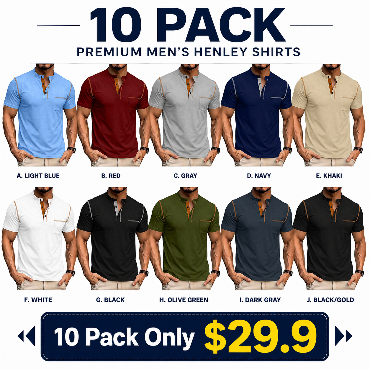 Men's Casual Henley Short Sleeve T-Shirt with Pocket – Contrast Trim Lightweight Summer Tee