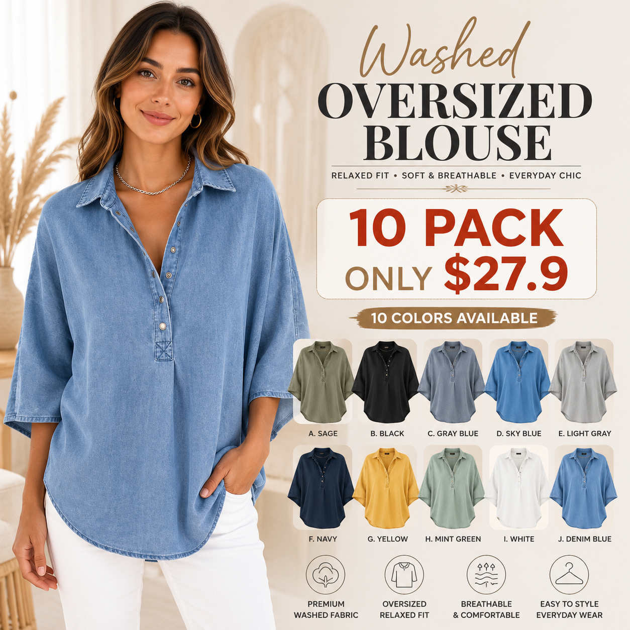  Seasonal Clearance Sale🔥10-PackOnly $27.9🔥Women's Casual Denim-Look V-Neck Henley Blouse