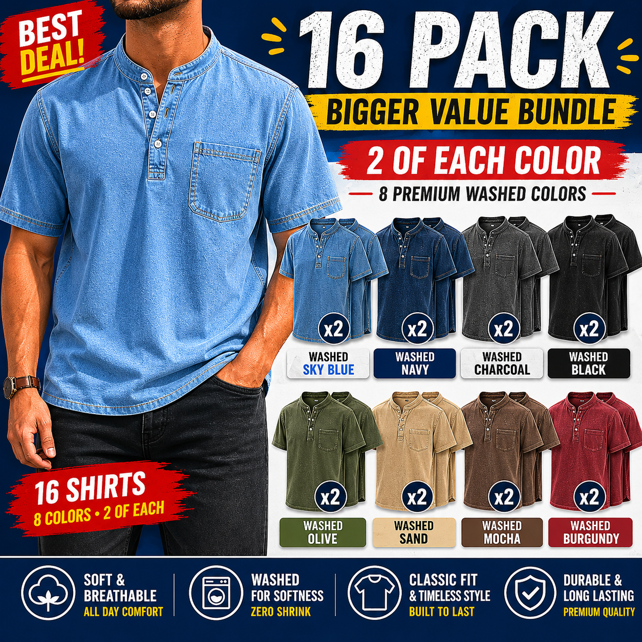 Limited Deal 8-Pack Men's Washed Stand Collar Henley Shirts, Short Sleeve Relaxed Fit Pocket Tops