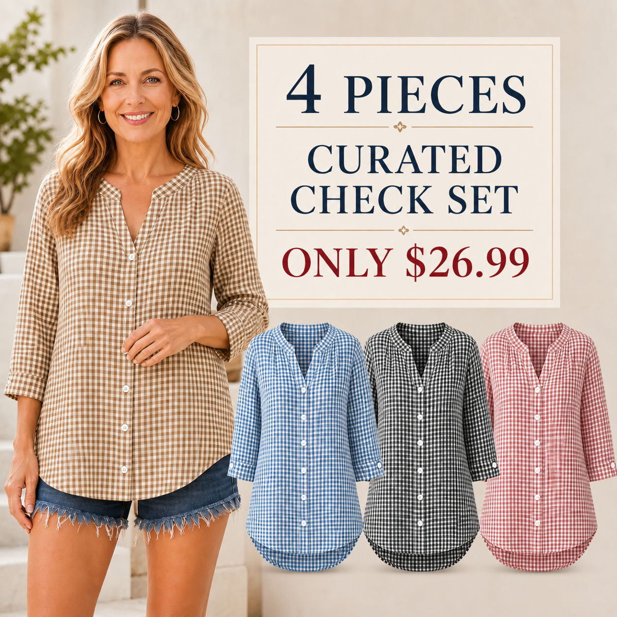 FINAL CLEARANCE - 8-Pack Only $32.99 - Women's Relaxed Gingham Button-Front Three-Quarter-Sleeve Blouse
