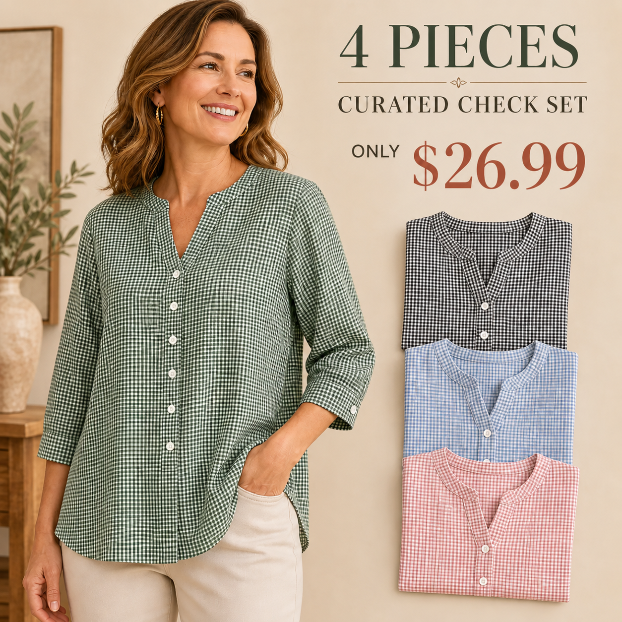 FINAL CLEARANCE - 8-Pack Only $32.99 - Women's Relaxed Gingham Button-Front Three-Quarter-Sleeve Blouse