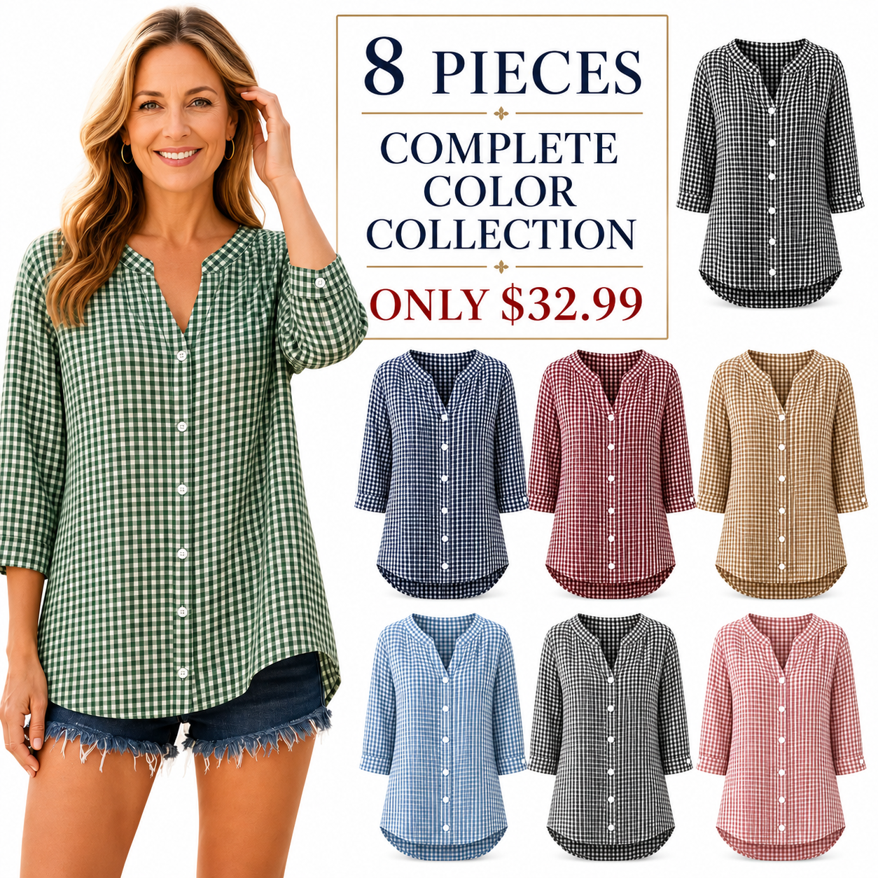 FINAL CLEARANCE - 8-Pack Only $32.99 - Women's Relaxed Gingham Button-Front Three-Quarter-Sleeve Blouse