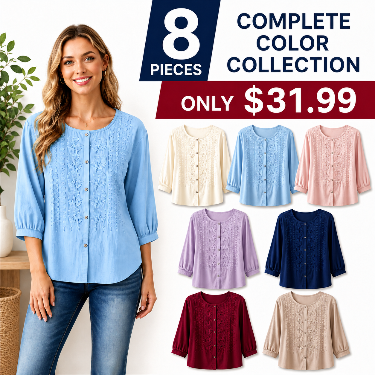 FINAL CLEARANCE - 8-Pack Only $31.99 - Women's Embroidered Button-Front Three-Quarter-Sleeve Blouse