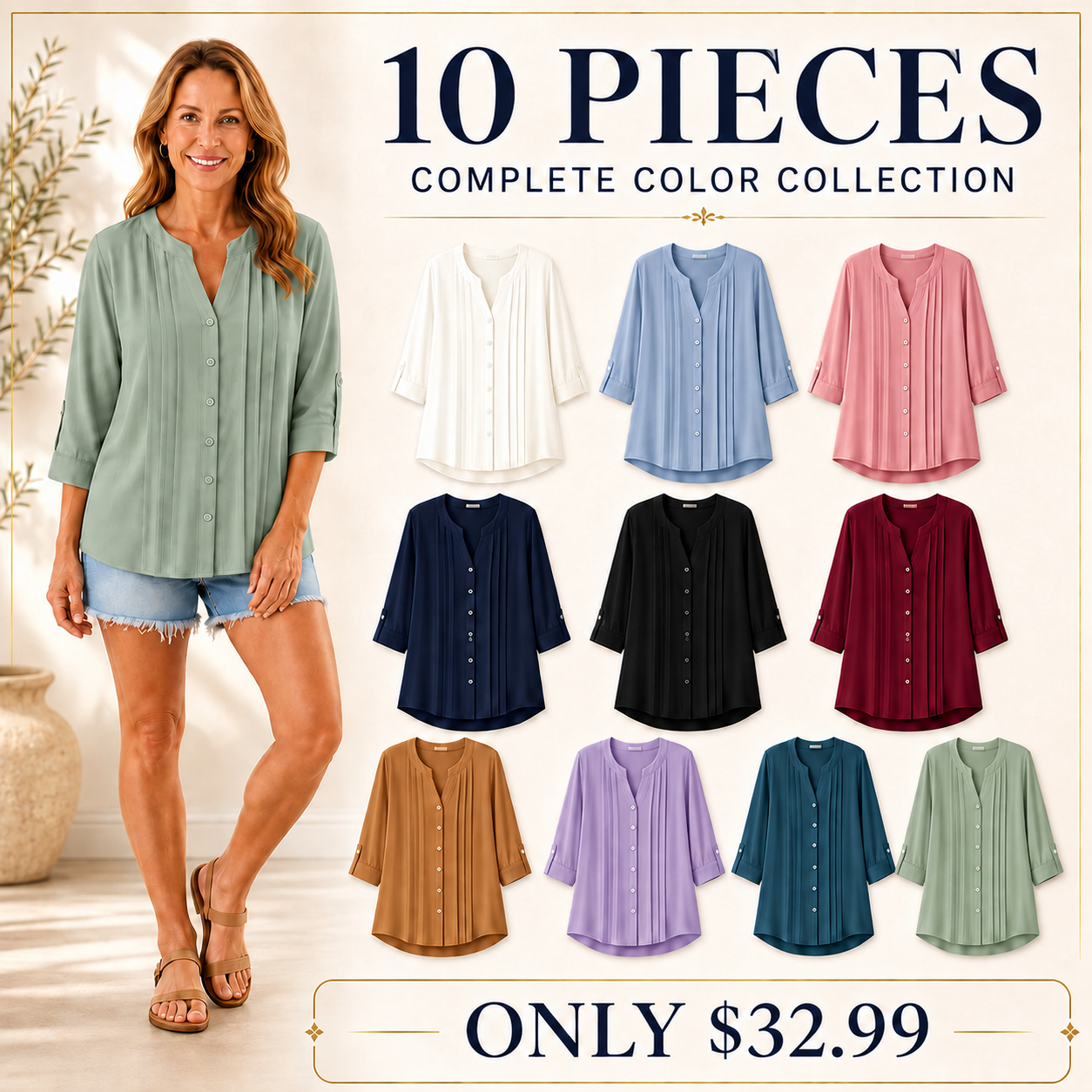 FINAL CLEARANCE - 10-Pack Only $32.99 - Women's Relaxed Pleated Button-Front Three-Quarter-Sleeve Blouse