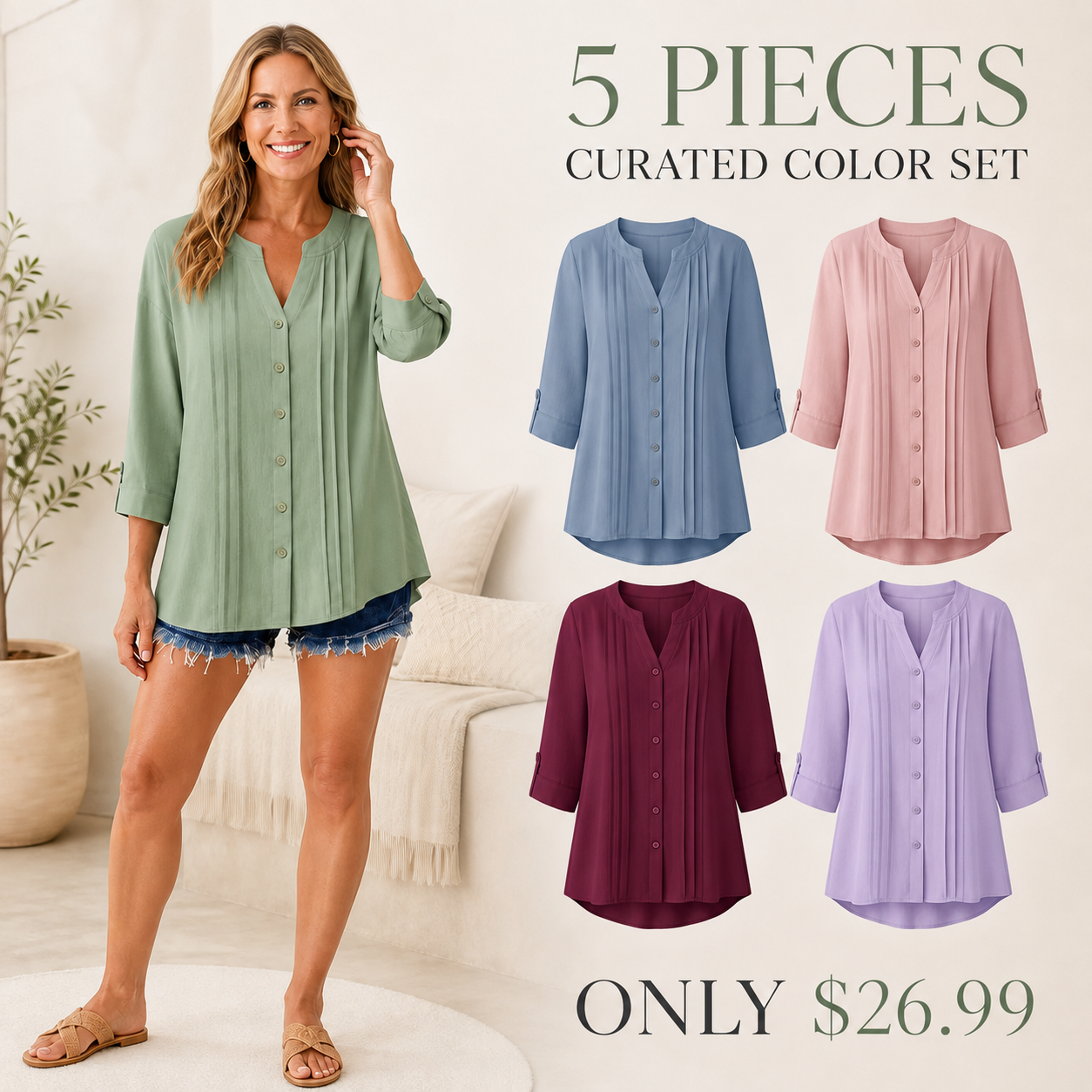 FINAL CLEARANCE - 10-Pack Only $32.99 - Women's Relaxed Pleated Button-Front Three-Quarter-Sleeve Blouse