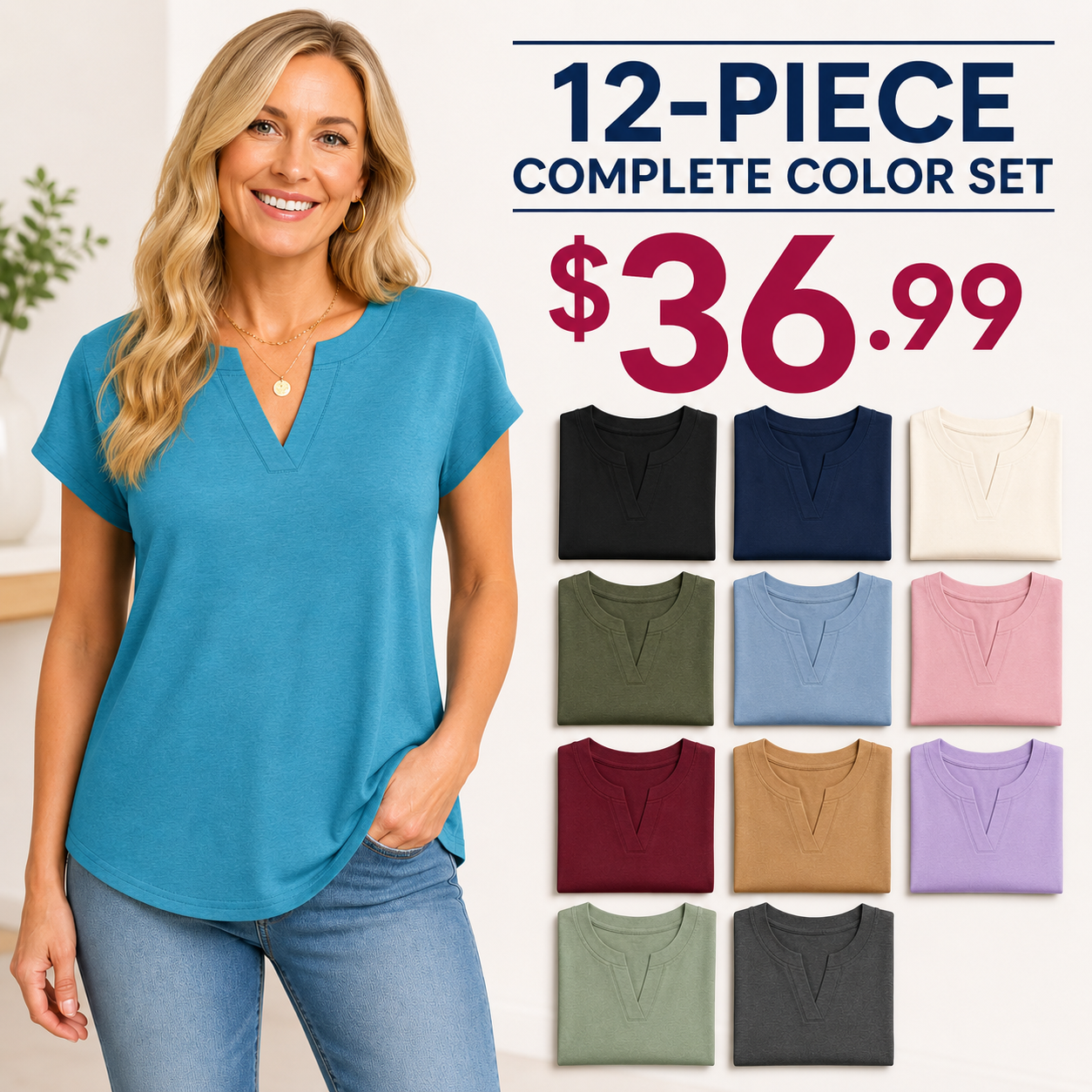 FINAL CLEARANCE - 12-Pack Only $36.99 - Women's Relaxed Notch-Neck Short-Sleeve Curved-Hem Top