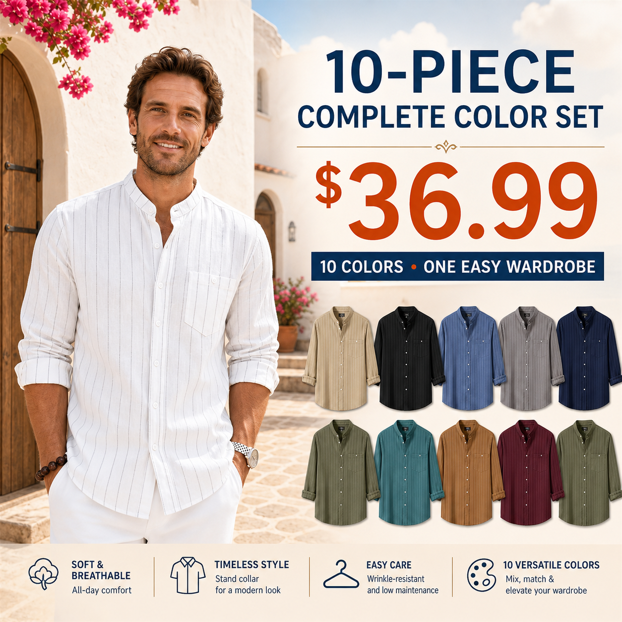 FINAL CLEARANCE - 10-Pack Only $36.99 - Men's Relaxed Striped Band-Collar Long-Sleeve Button-Front Shirt