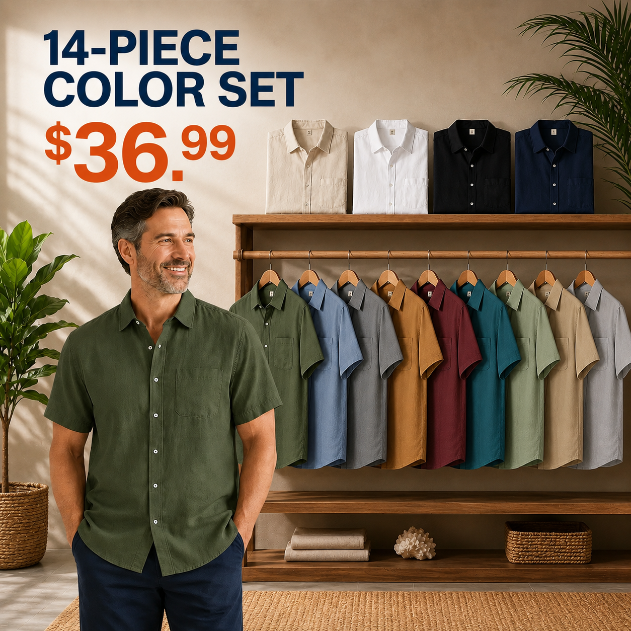 FINAL CLEARANCE - 14-Pack Only $39.99 - Men's Relaxed Linen-Look Short-Sleeve Button-Front Shirt