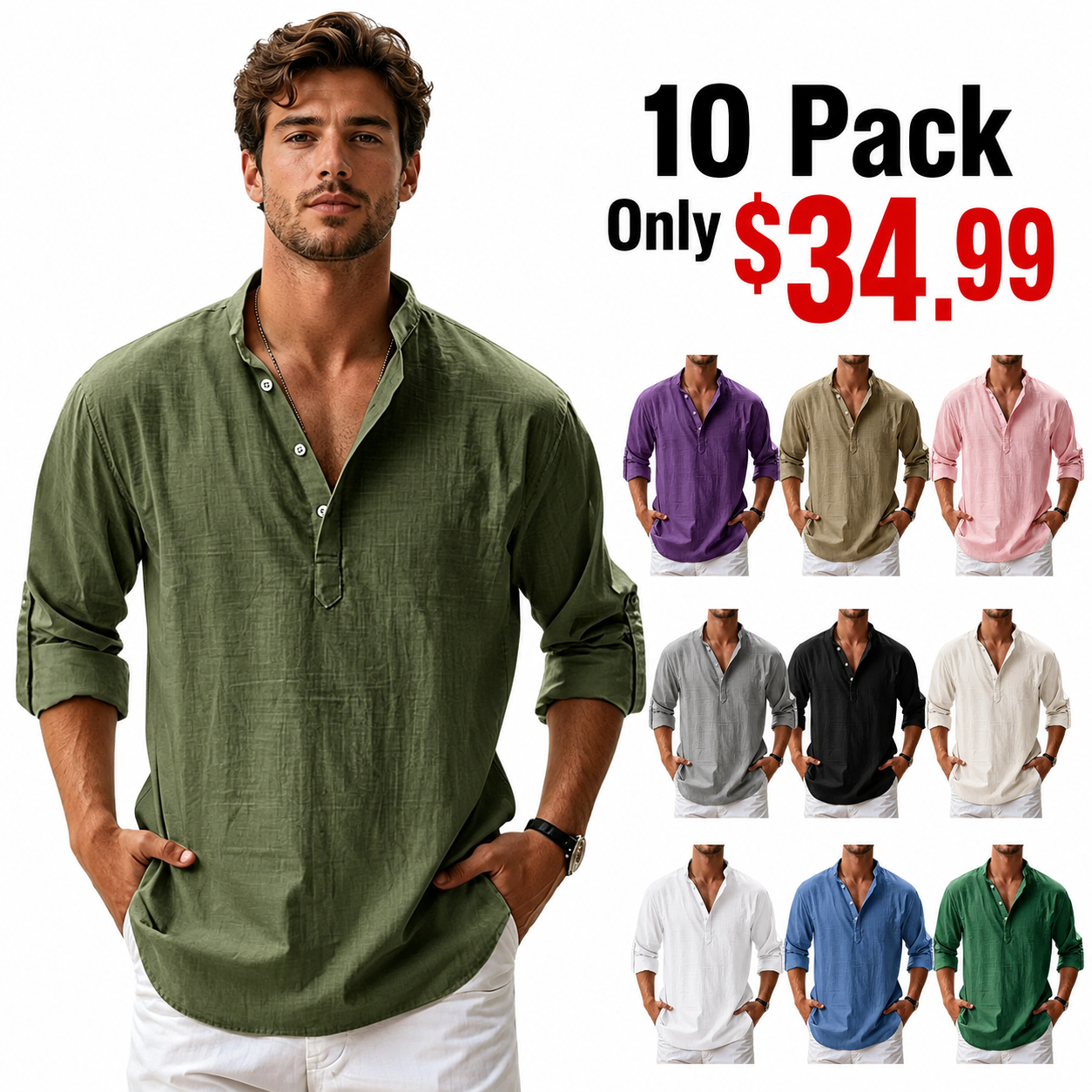 Men's Cotton And Linen Stand Collar Basic Casual Long-Sleeved Shirt