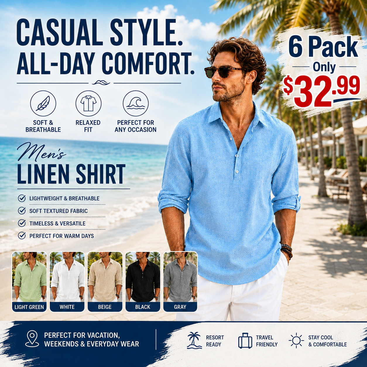 🌴 Men’s Lightweight Textured Roll-Sleeve Shirt – Relaxed Resort Style for Everyday Comfort
