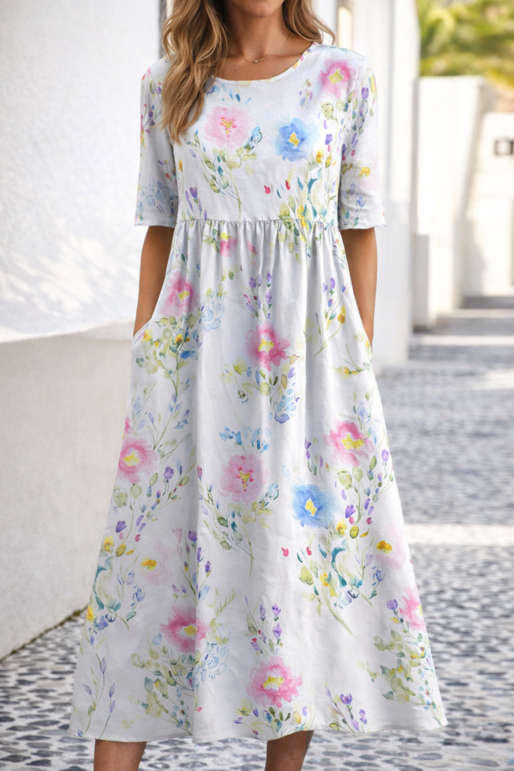 Andrea Serena Sommerkleid mit Blumenmuster und V-Ausschnitt