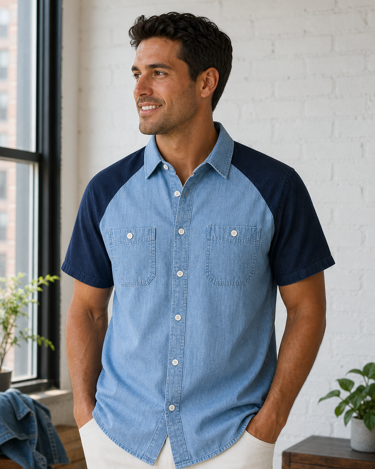 Men's Short Sleeve Denim Colorblock Button-Up Shirts