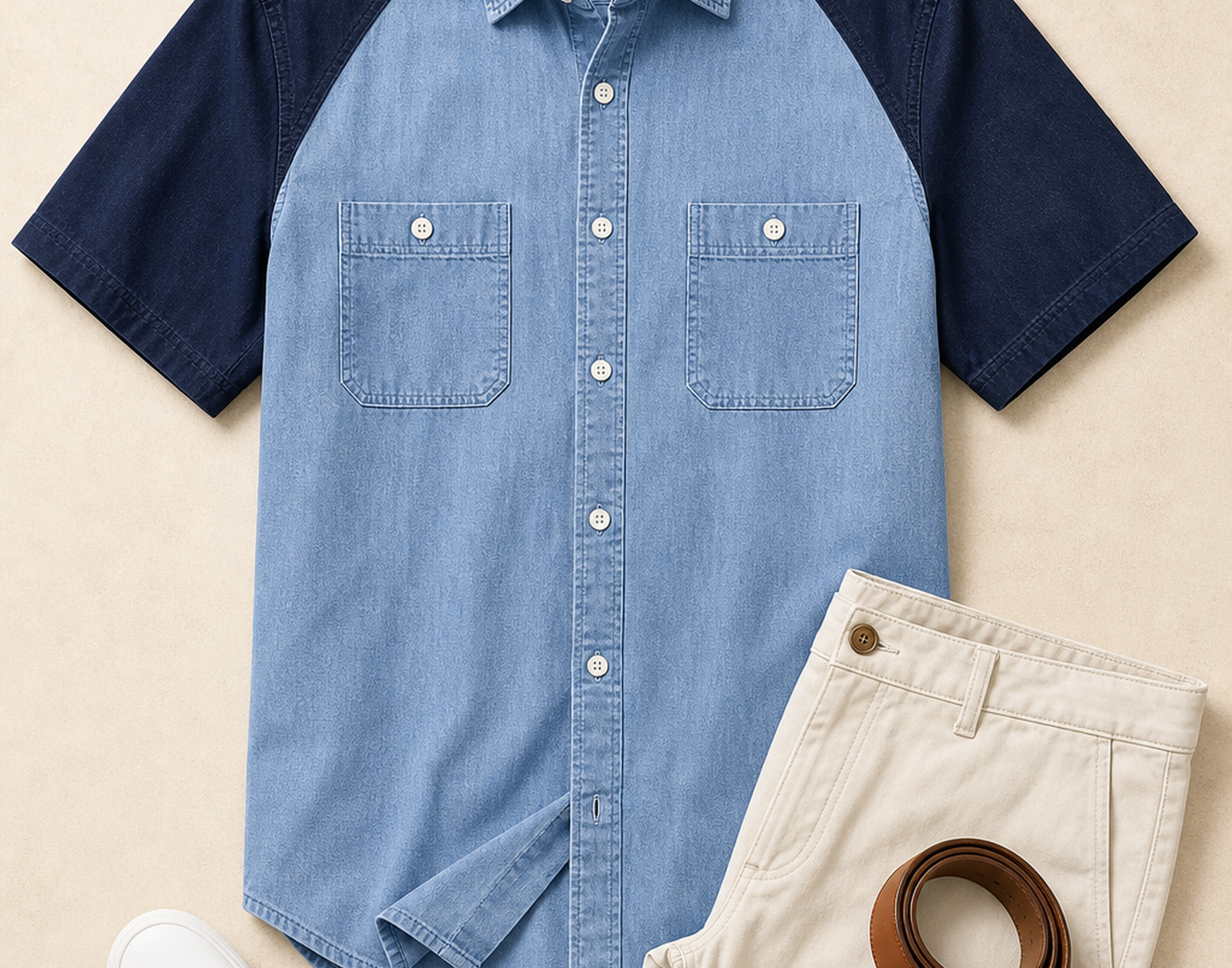 Men's Short Sleeve Denim Colorblock Button-Up Shirts