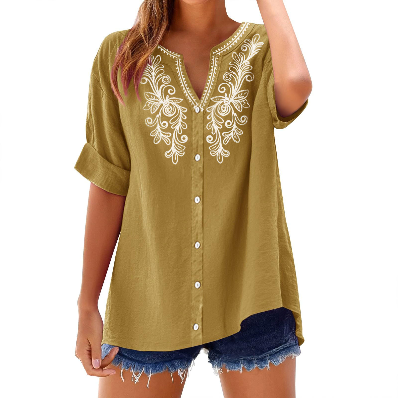 Women’s Embroidered V-Neck Button Shirt – Relaxed Fit, Lightweight & Elegant Everyday Top