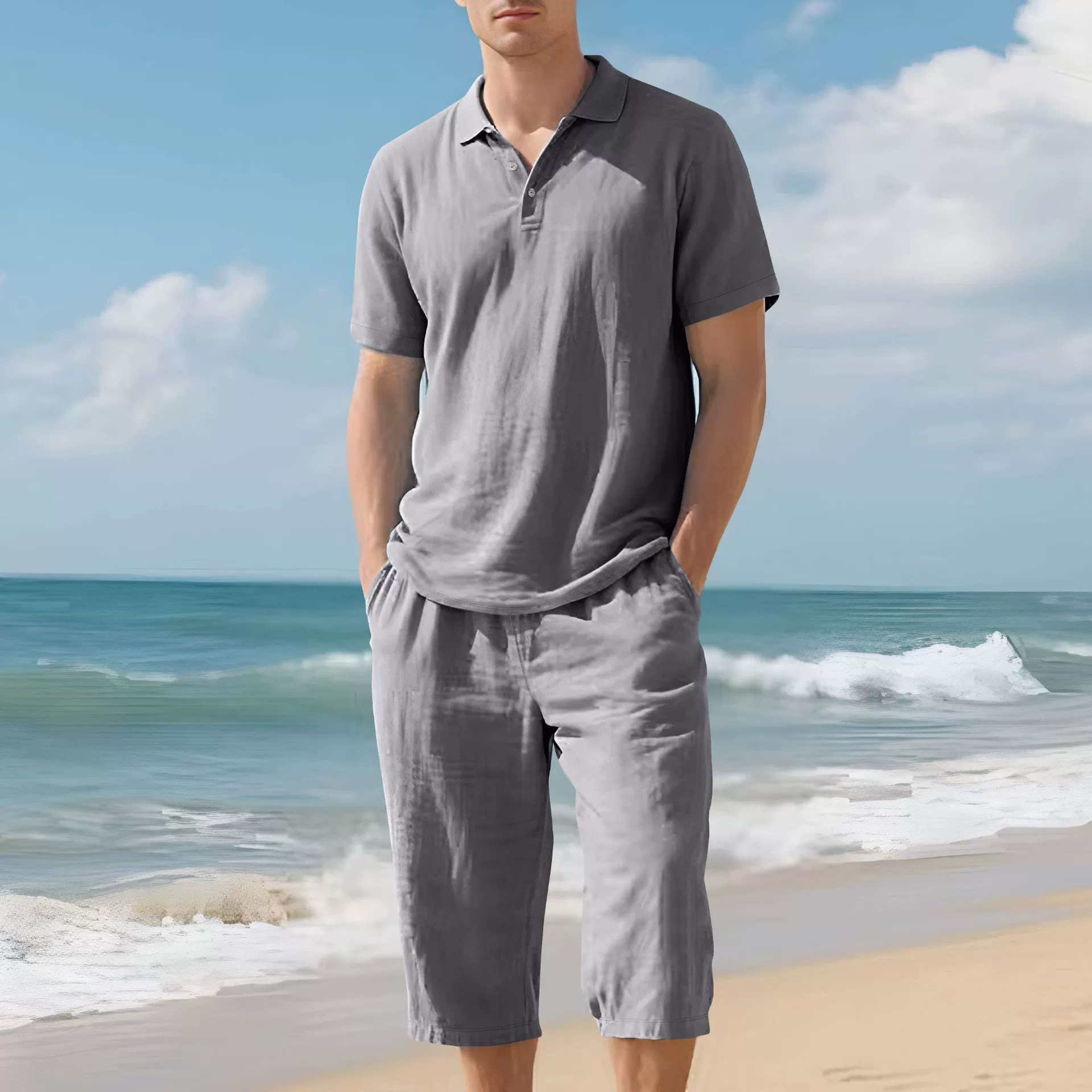 ⏰Seasonal Clearance Sale🔥10-PackOnly $29.99  Men’s Lightweight Polo Shirt & Cropped Pants 2-Piece Set