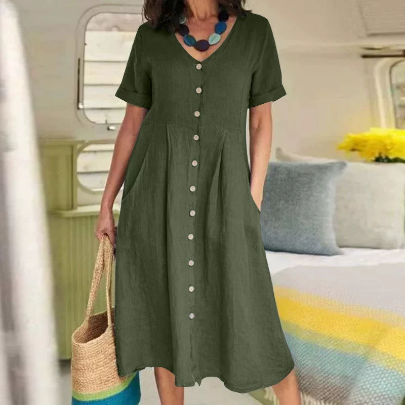 Seasonal Clearance Sale🔥13-PackOnly $37.9  Women’s Casual Button-Front Midi Dress with Pockets