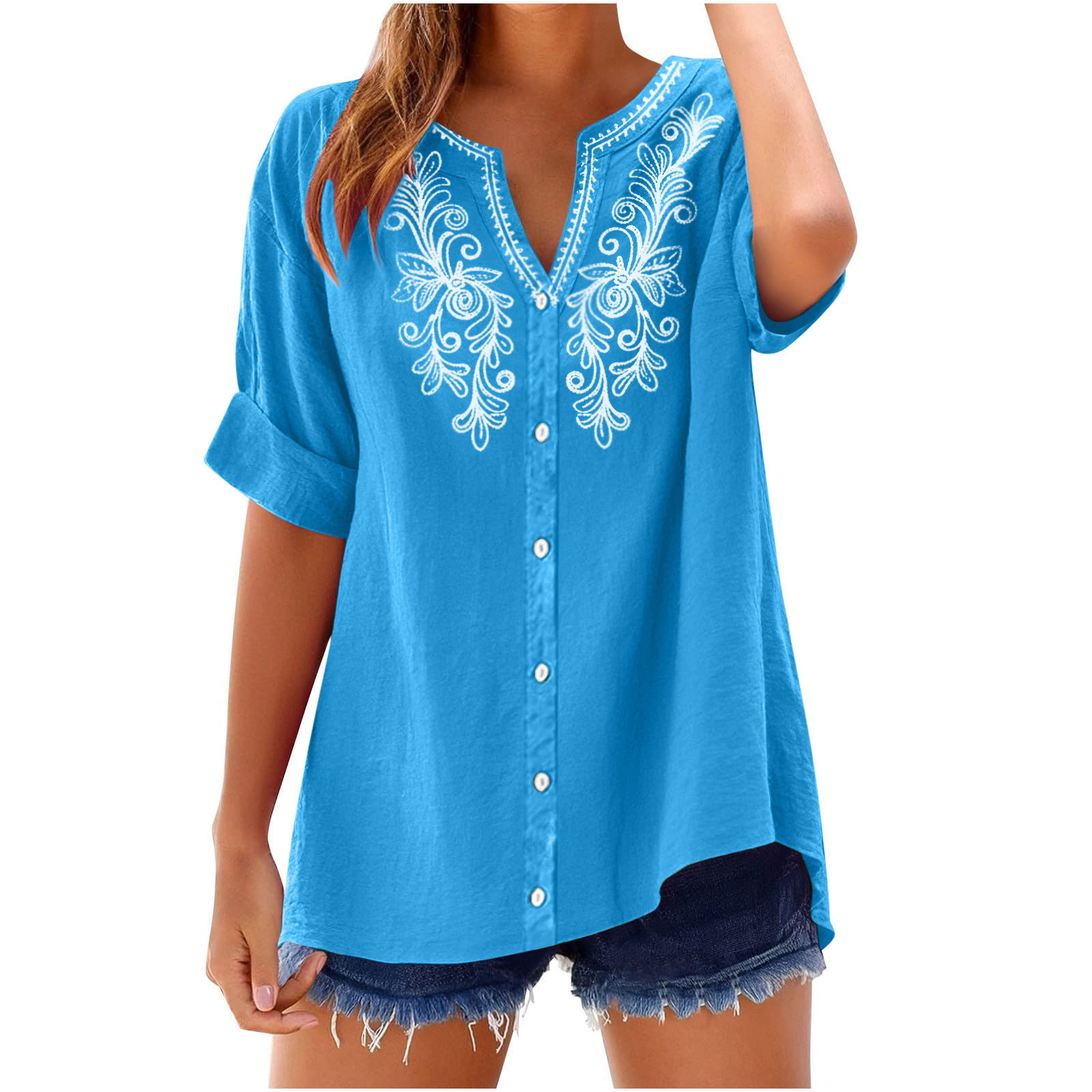 Women’s Embroidered V-Neck Button Shirt – Relaxed Fit, Lightweight & Elegant Everyday Top