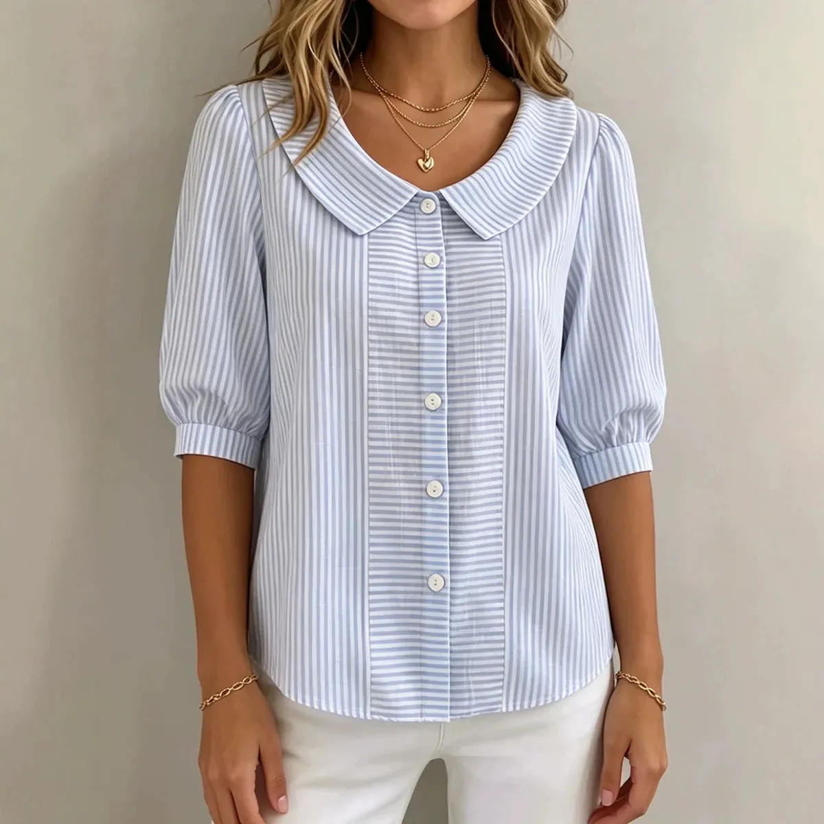 Women’s Peter Pan Collar Striped Button-Up Blouse with Puff Sleeves