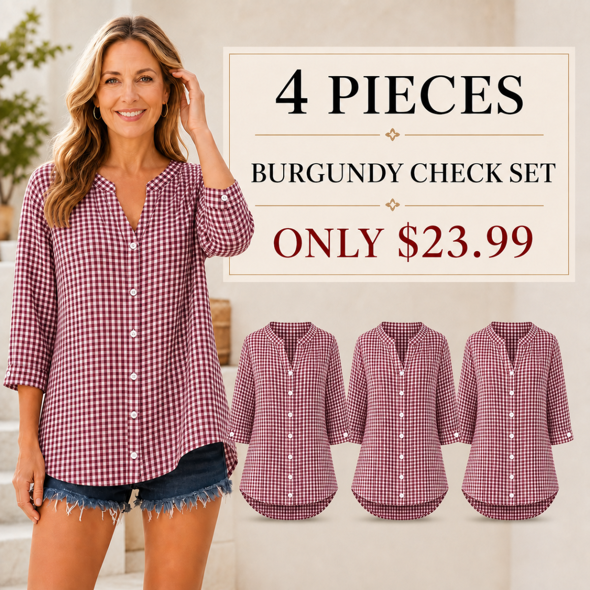 Women's Relaxed Gingham Button-Front Three-Quarter-Sleeve Blouse - 4-Piece Burgundy/White Check Set - $23.99