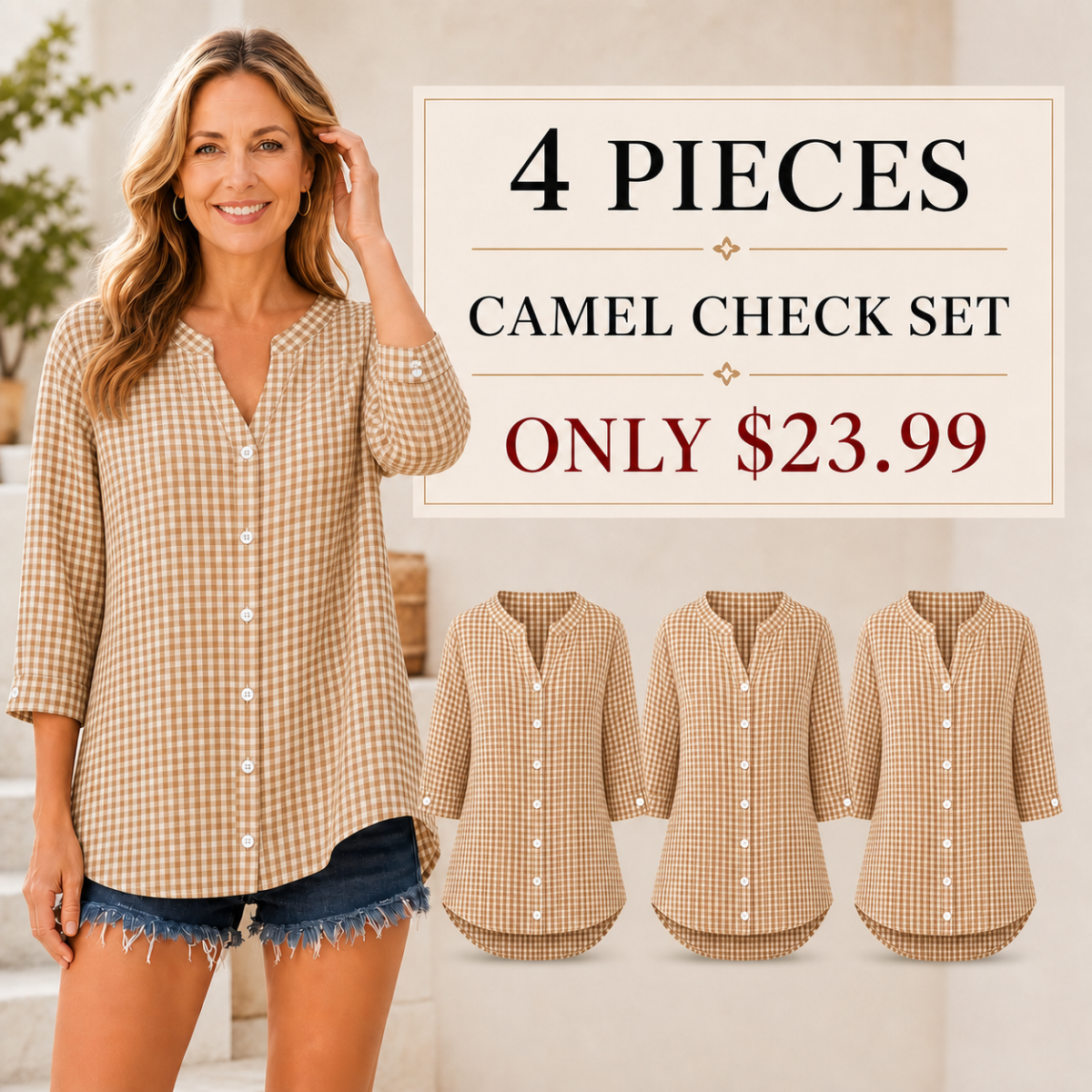 Women's Relaxed Gingham Button-Front Three-Quarter-Sleeve Blouse - 4-Piece Camel/White Check Set - $23.99