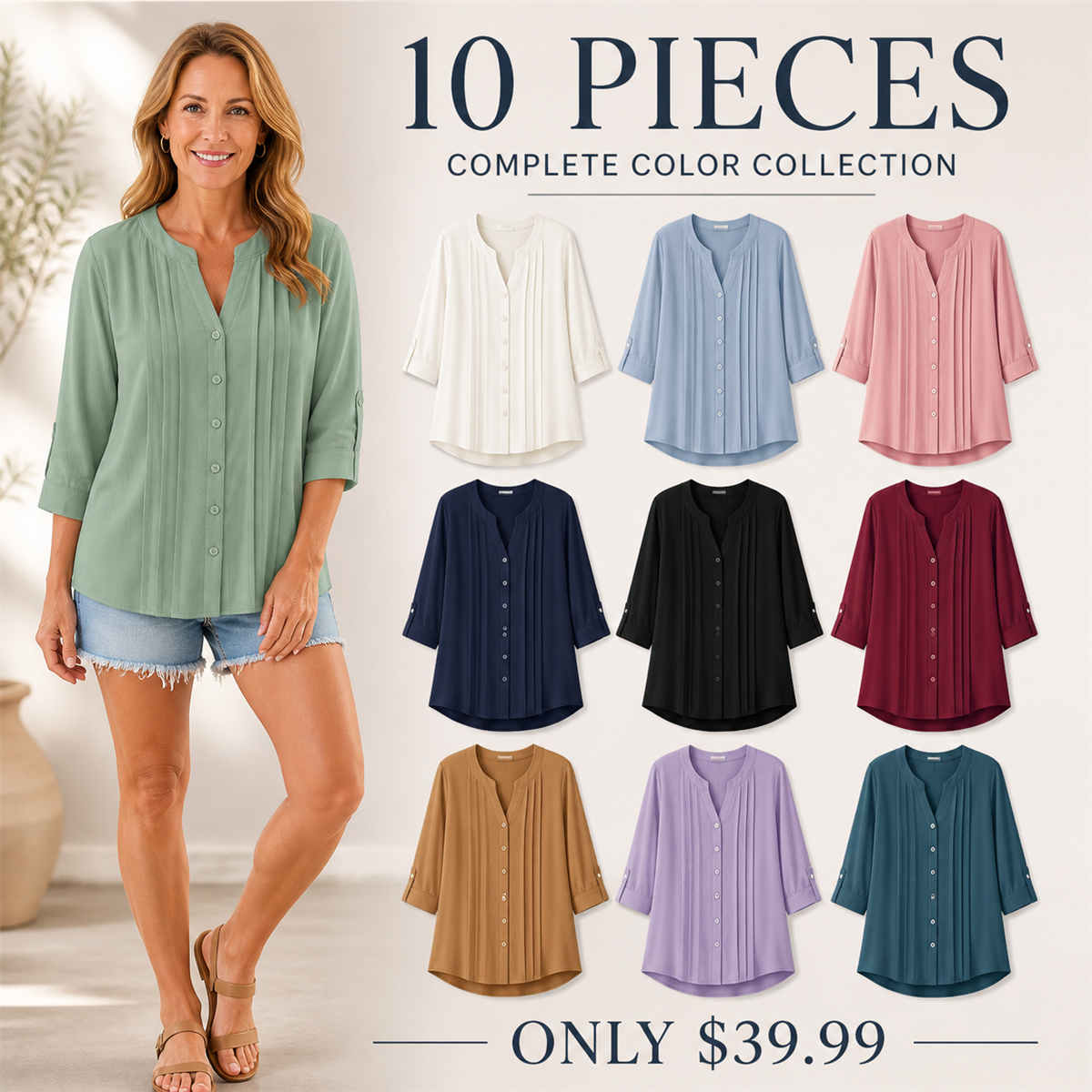 Women's Relaxed Pleated Button-Front Three-Quarter-Sleeve Blouse - 10-Piece Complete Color Collection - $39.99