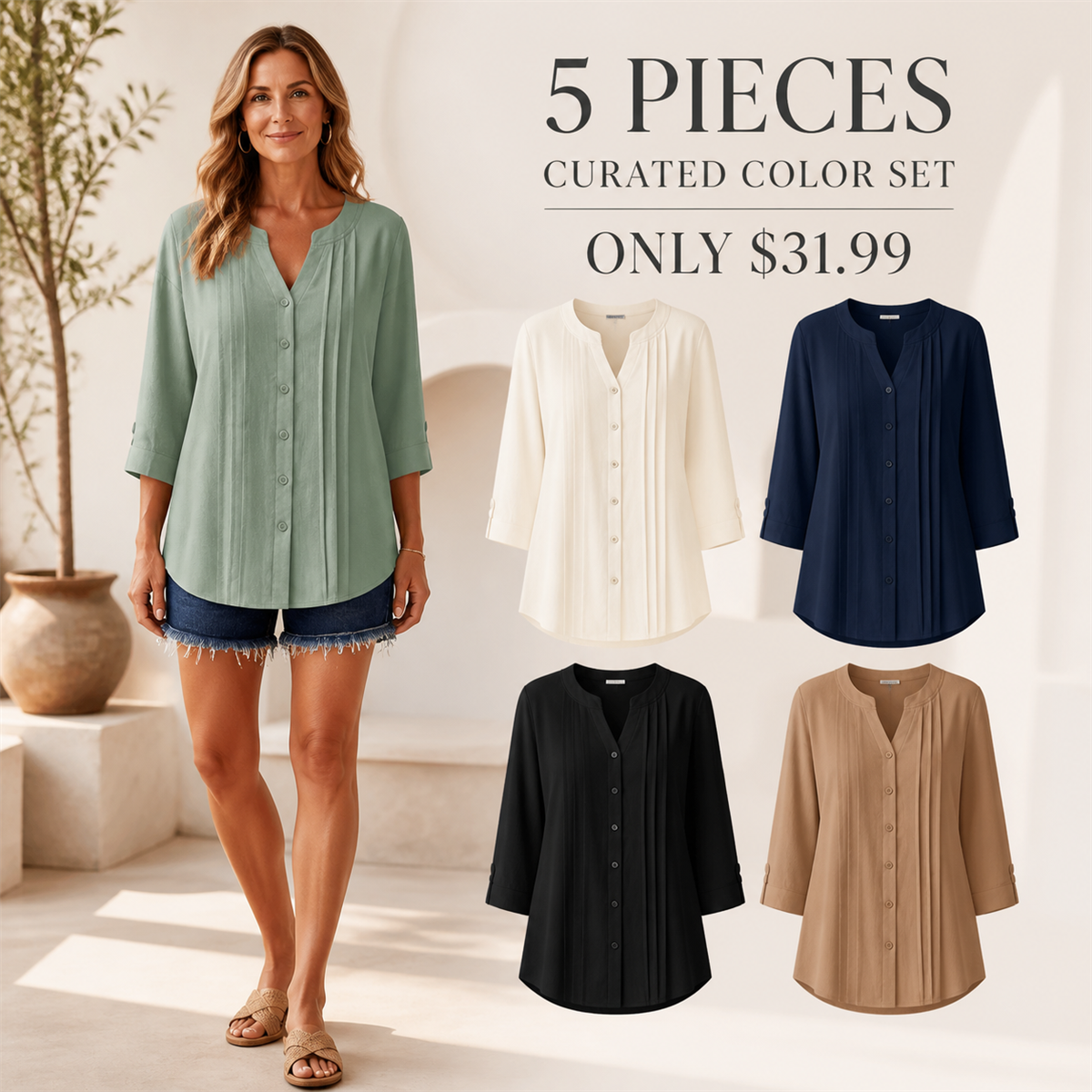 Women's Relaxed Pleated Button-Front Three-Quarter-Sleeve Blouse - 5-Piece Classic Color Set - $31.99