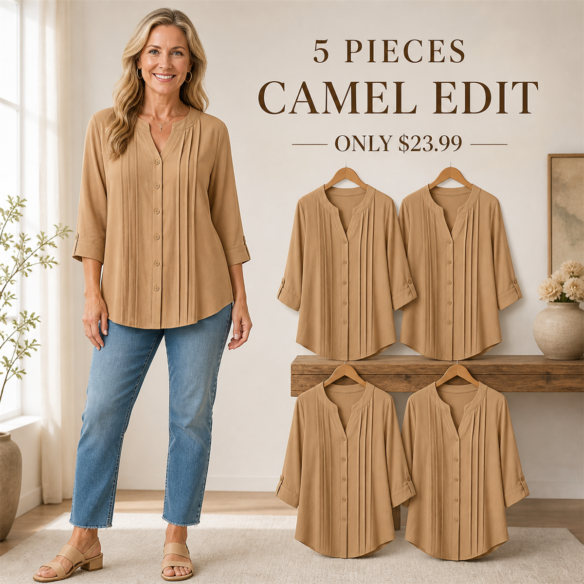 Women's Relaxed Pleated Button-Front Three-Quarter-Sleeve Blouse - 5-Piece Camel Set - $23.99
