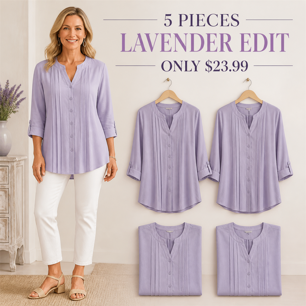 Women's Relaxed Pleated Button-Front Three-Quarter-Sleeve Blouse - 5-Piece Lavender Set - $23.99