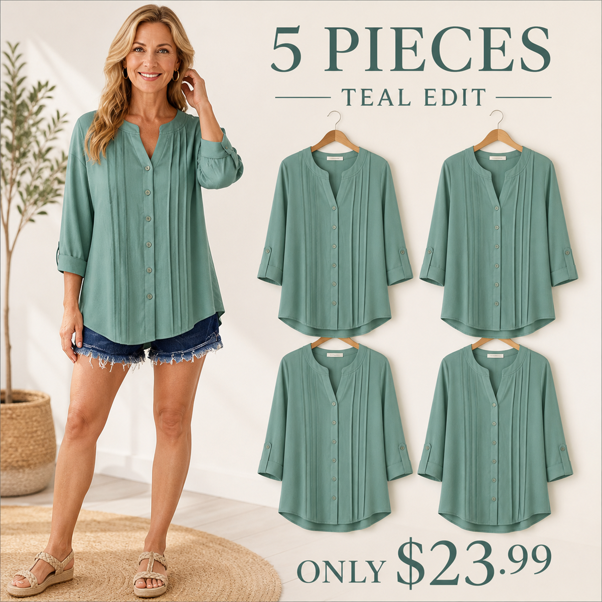 Women's Relaxed Pleated Button-Front Three-Quarter-Sleeve Blouse - 5-Piece Teal Set - $23.99