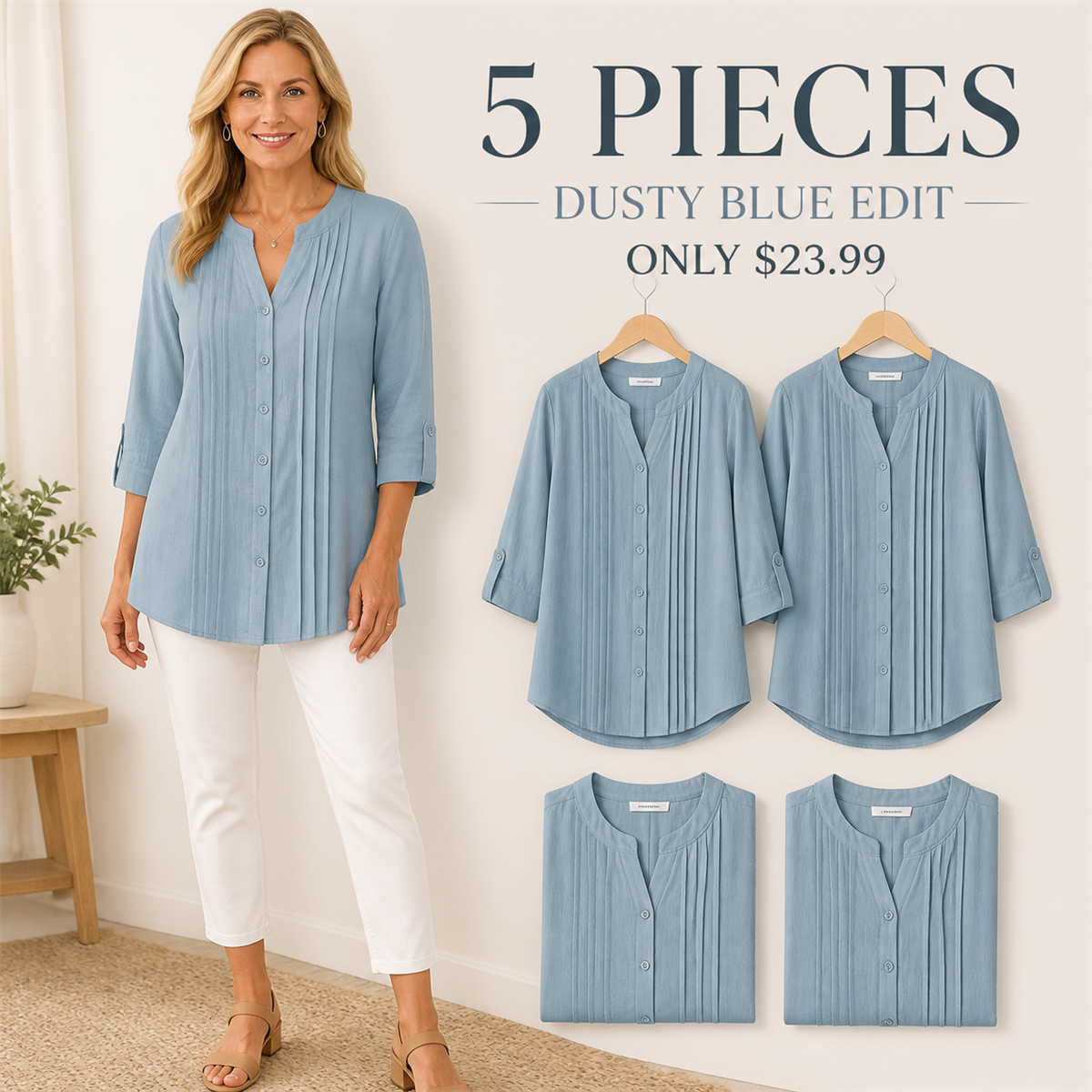 Women's Relaxed Pleated Button-Front Three-Quarter-Sleeve Blouse - 5-Piece Dusty Blue Set - $23.99