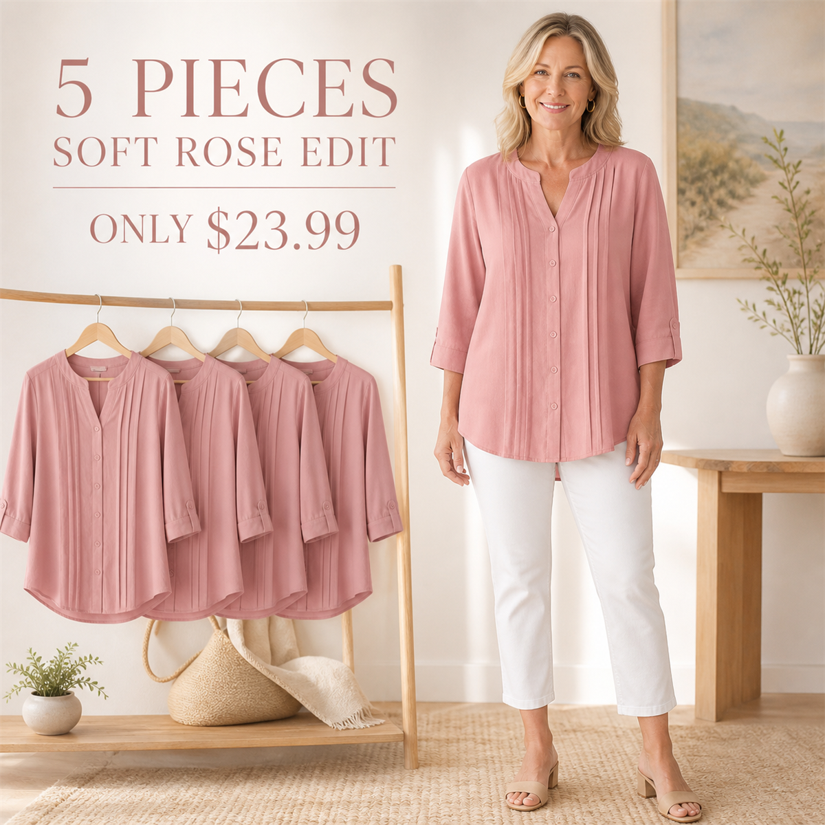 Women's Relaxed Pleated Button-Front Three-Quarter-Sleeve Blouse - 5-Piece Soft Rose Set - $23.99