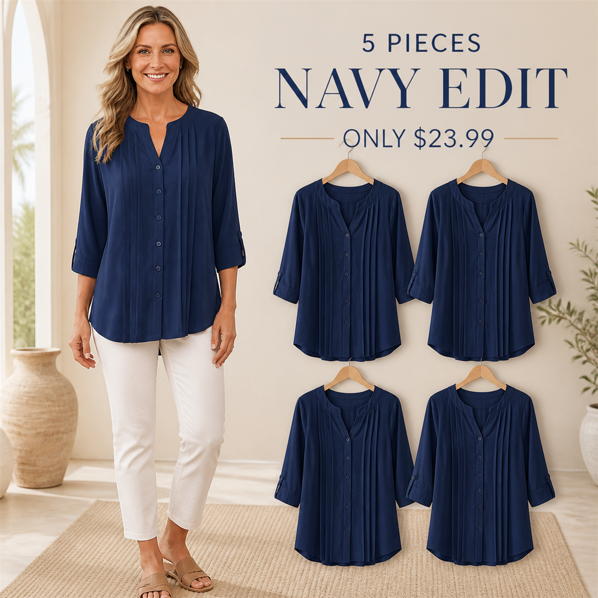Women's Relaxed Pleated Button-Front Three-Quarter-Sleeve Blouse - 5-Piece Navy Set - $23.99