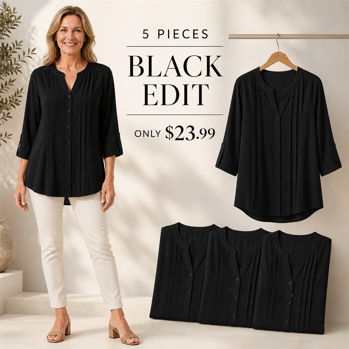 Women's Relaxed Pleated Button-Front Three-Quarter-Sleeve Blouse - 5-Piece Black Set - $23.99